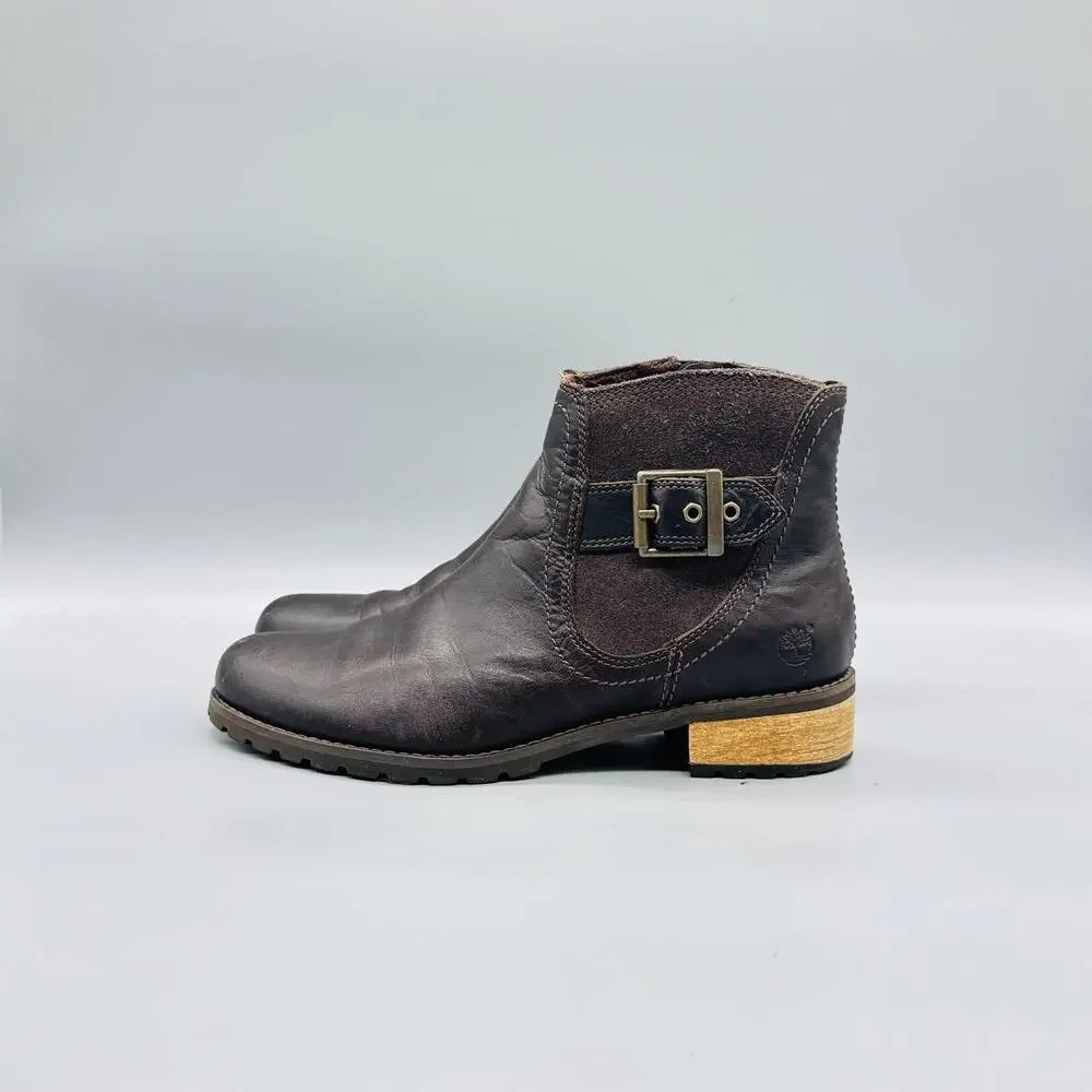 Timberland Boots Womens 7 Brown Leather Earthkeepers Ankle Buckle Zip Booties